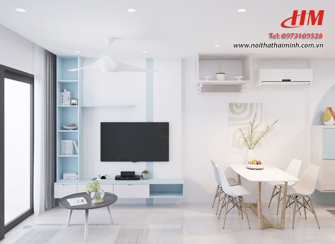 Mẫu nội thất phòng khách nhựa cao cấp màu trắng mix xanh nhạt- PK44