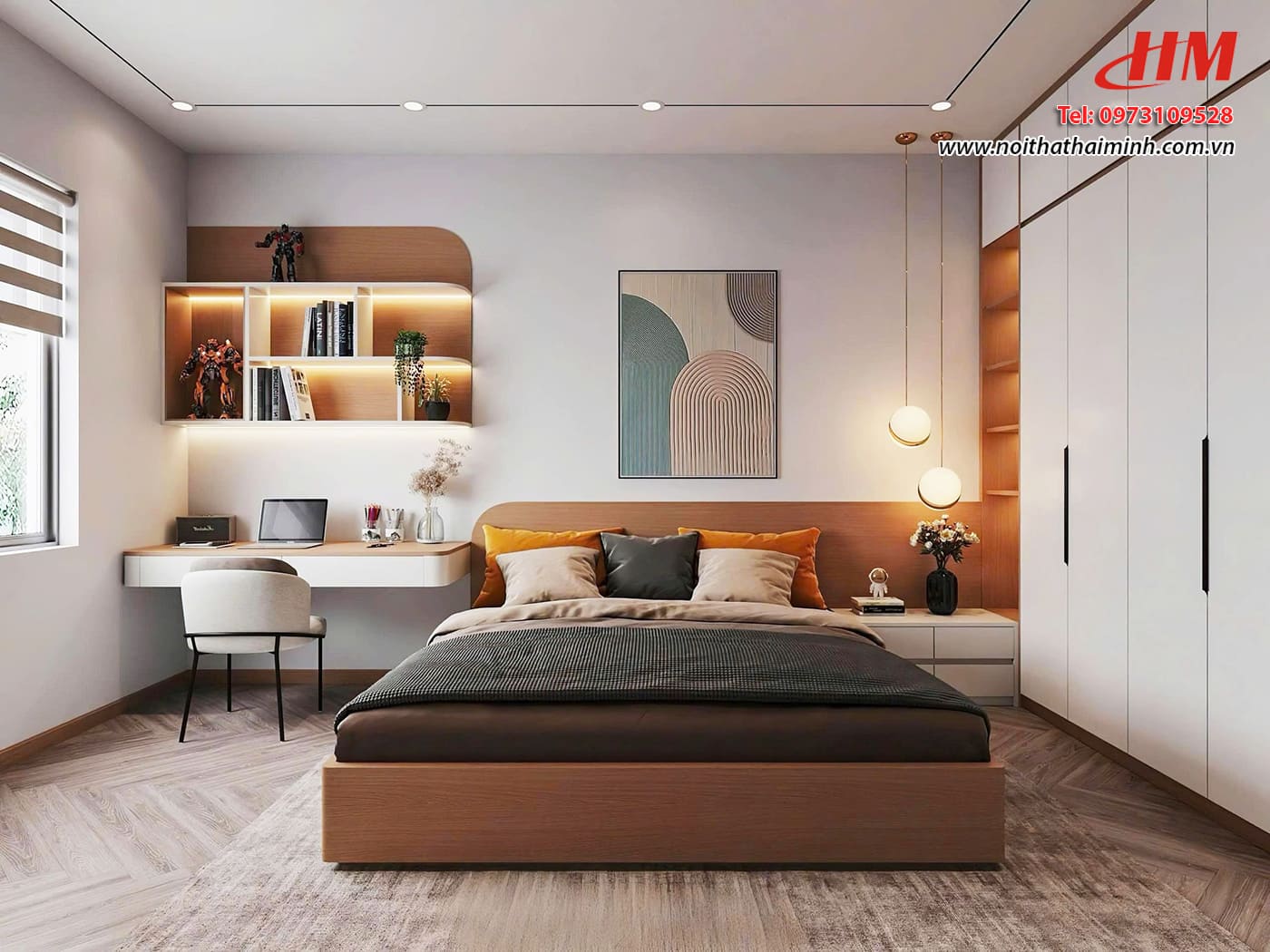 Mẫu nội thất phòng ngủ nhựa cao cấp mix vân gỗ hiện đại  - PN208