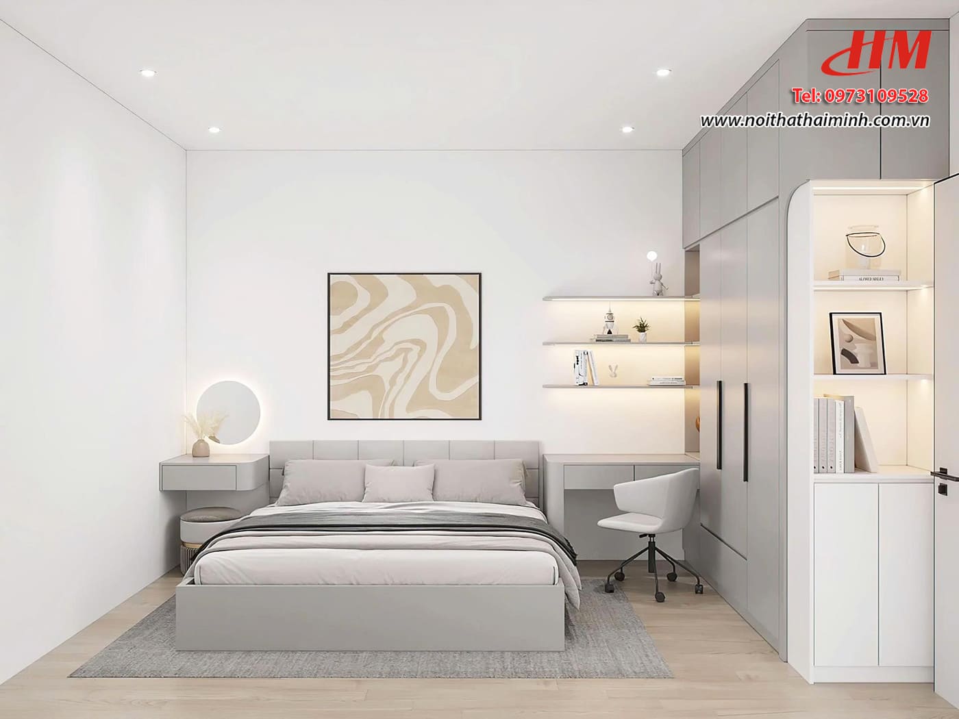 Mẫu nội thất phòng ngủ nhựa cao cấp màu ghi nhẹ nhàng  - PN209