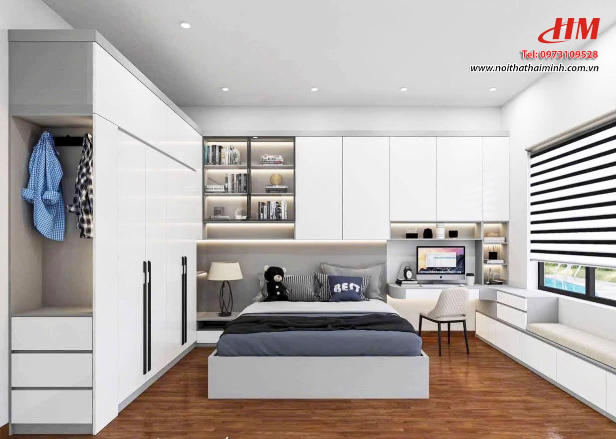 Mẫu nội thất phòng ngủ nhựa cao cấp màu trắng mix ghi nhẹ nhàng  - PN210