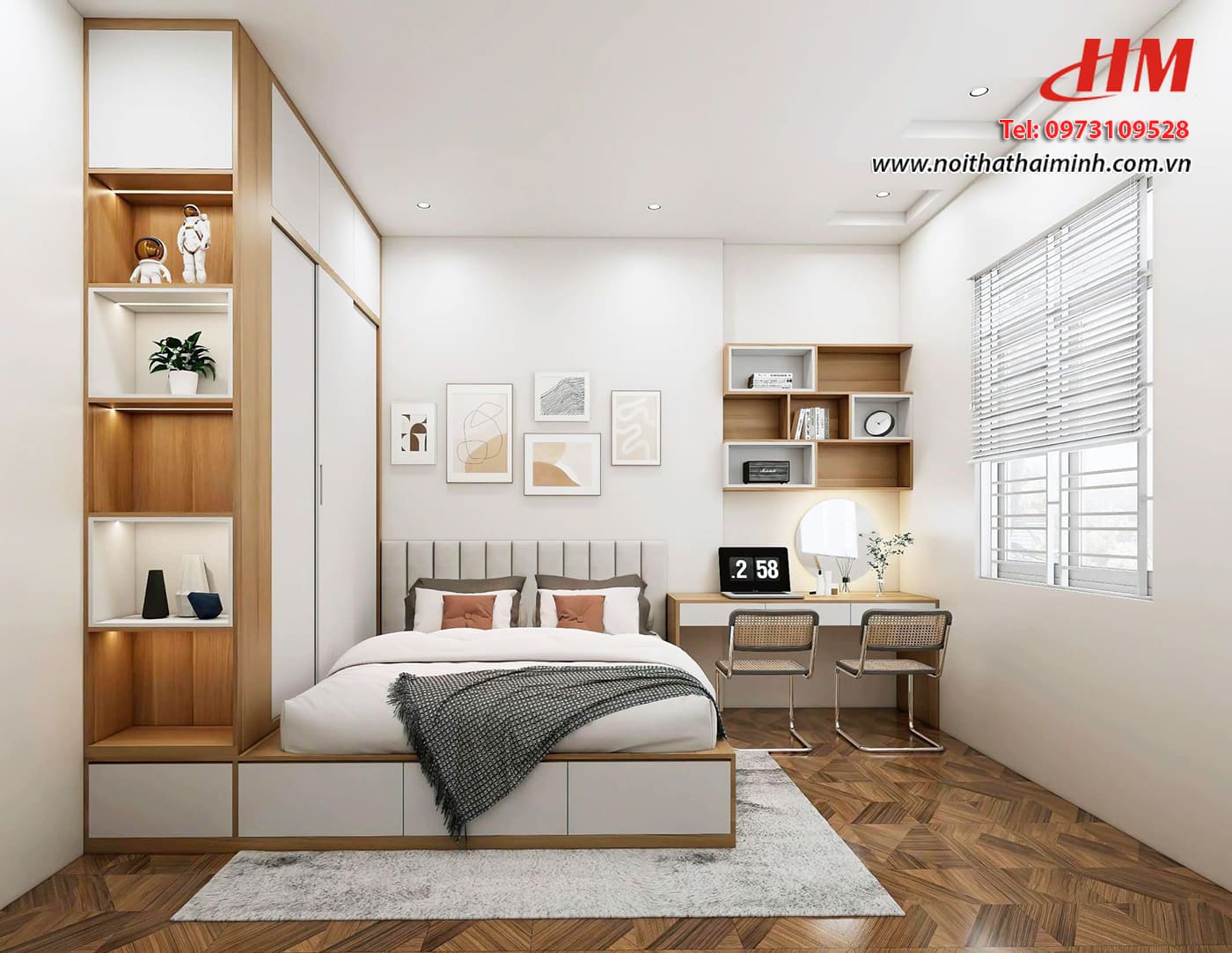 Mẫu nội thất phòng ngủ nhựa cao cấp giường liền tủ quần áo mix vân gỗ  - PN211