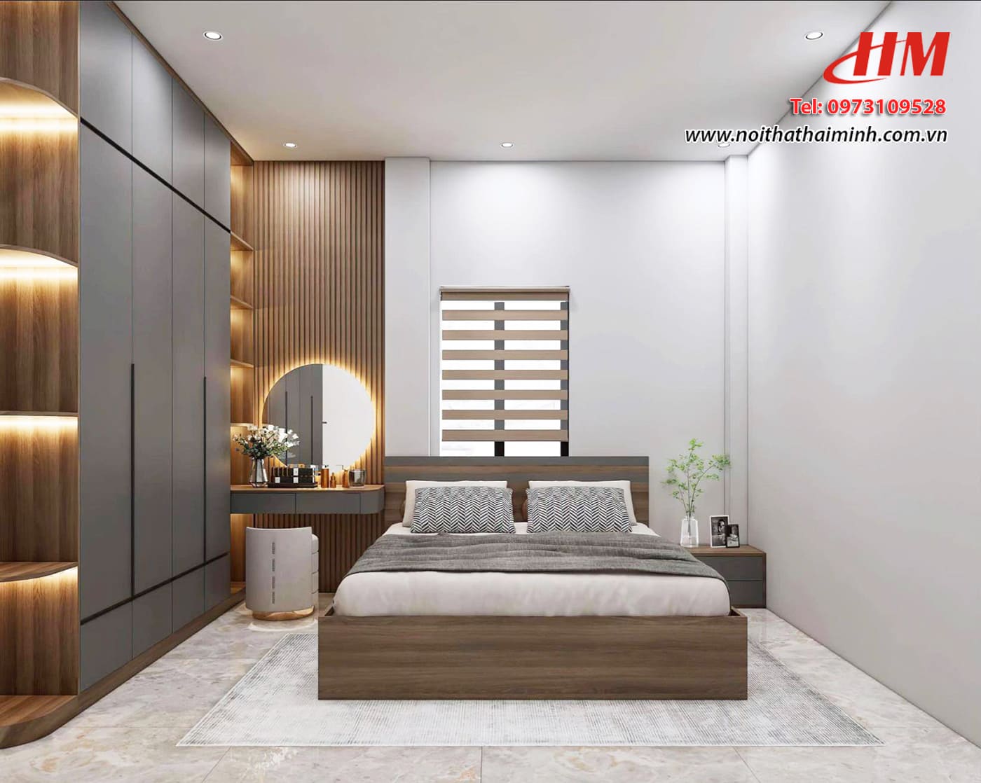 Mẫu nội thất phòng ngủ nhựa cao cấp màu xám mix vân gỗ  - PN212