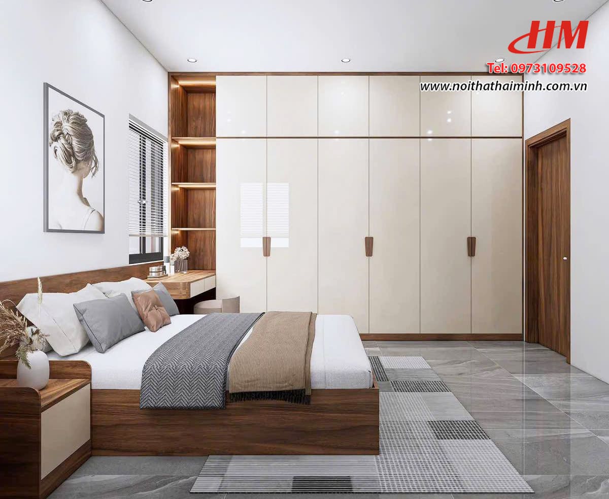 Mẫu nội thất phòng ngủ nhựa cao cấp màu trắng mix vân gỗ siêu sang  - PN213