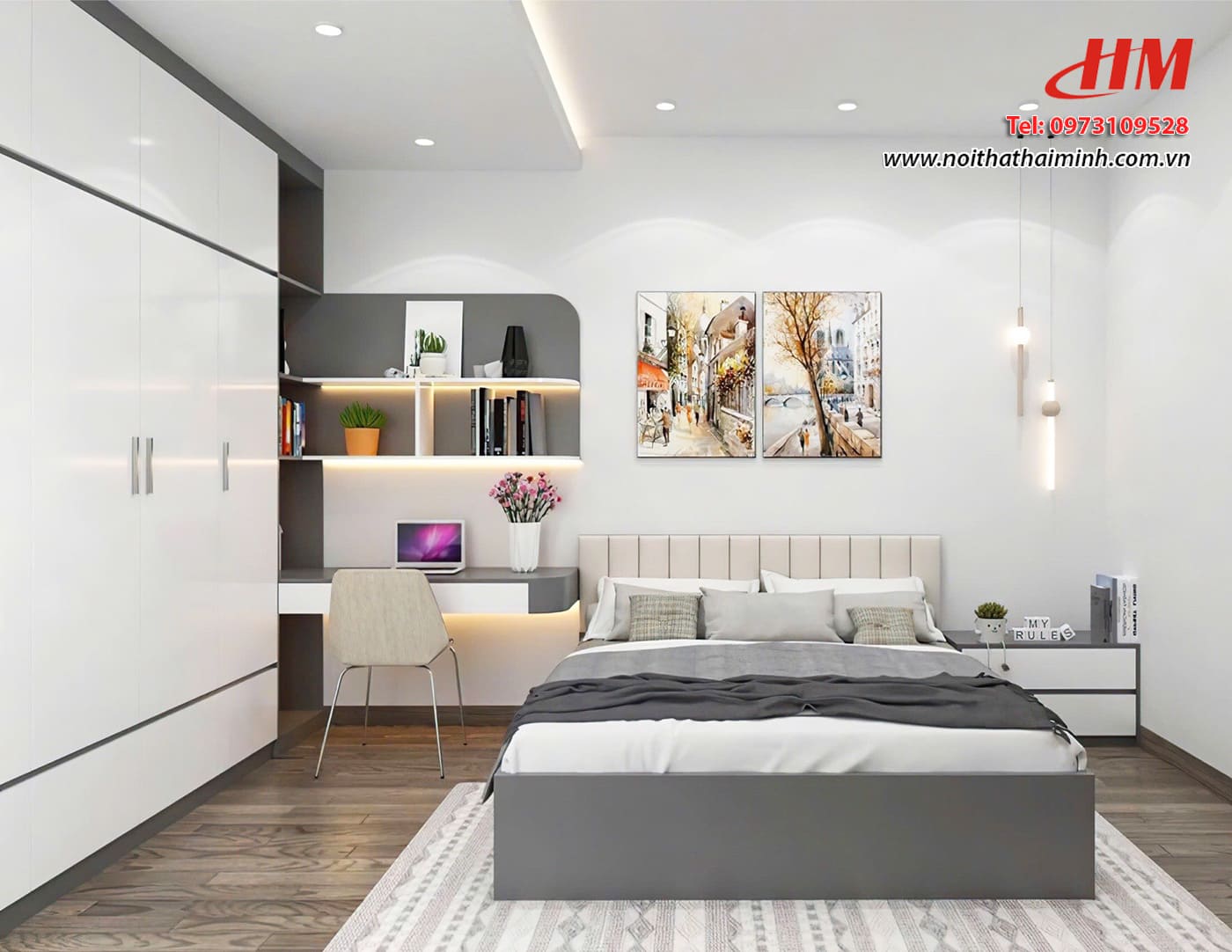 Mẫu nội thất phòng ngủ nhựa cao cấp màu trắng mix xám siêu sang  - PN214