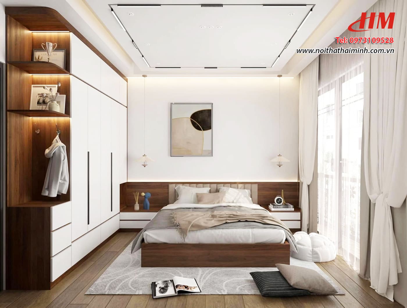 Mẫu nội thất phòng ngủ nhựa cao cấp hiện đại mix vân gỗ - PN219