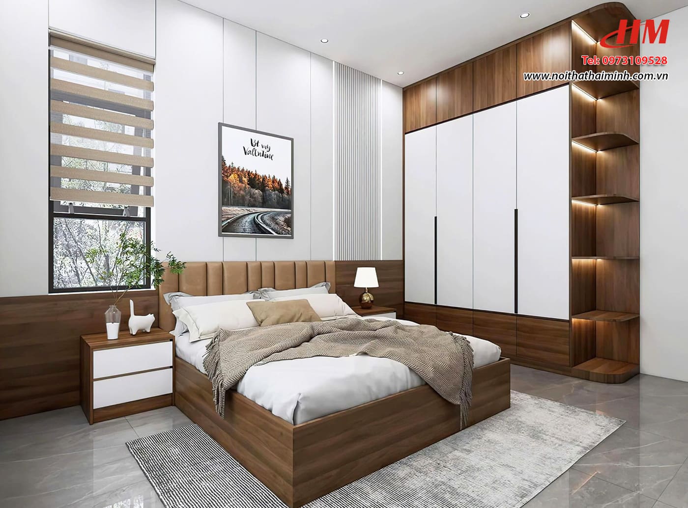 Mẫu nội thất phòng ngủ nhựa cao cấp hiện đại mix vân gỗ - PN221