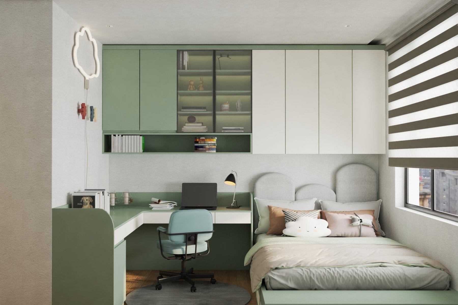 Mẫu nội thất phòng ngủ nhựa cao cấp màu trắng mix xanh lá cây - PN224