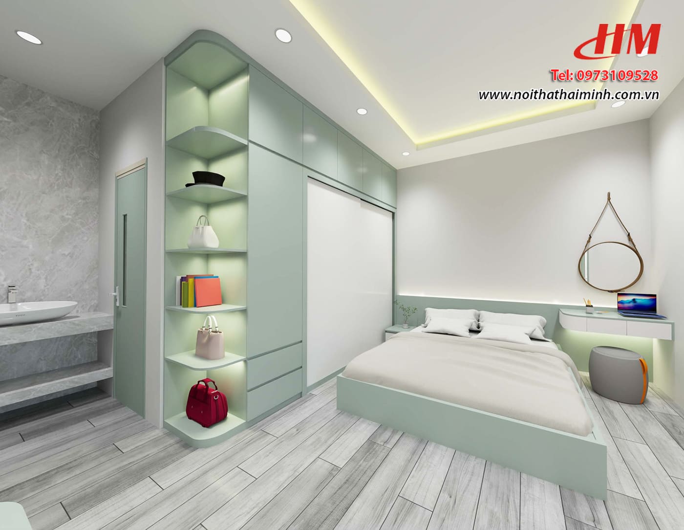 Mẫu nội thất phòng ngủ nhựa cao cấp mix màu xanh lá cây - PN226