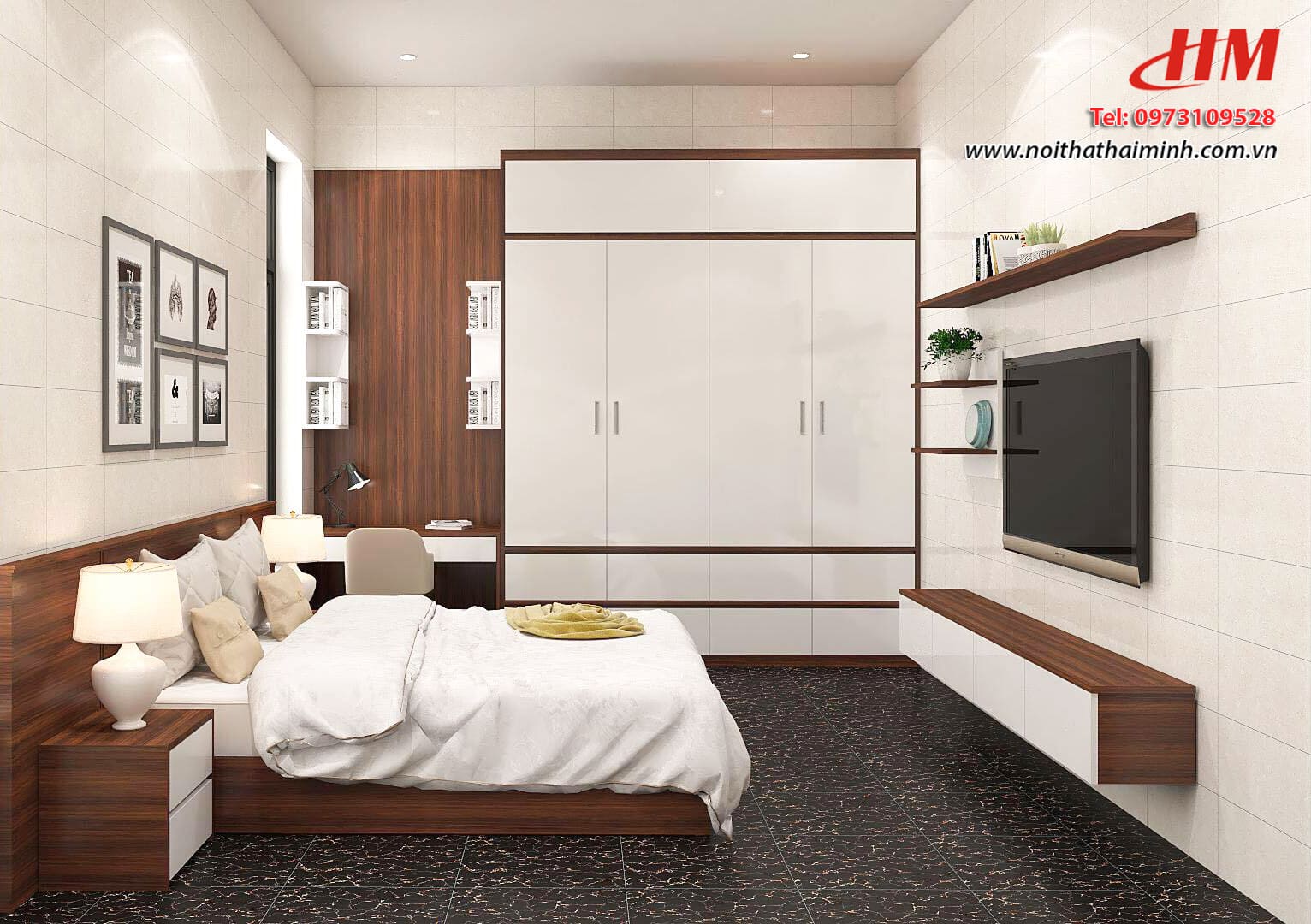 Mẫu nội thất phòng ngủ nhựa cao cấp màu trắng mix vân gỗ - PN146