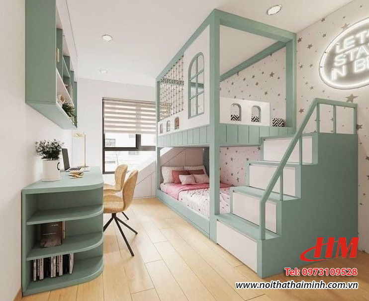 Mẫu nội thất phòng ngủ trẻ em bằng nhựa cao cấp xanh nhạt - PN147