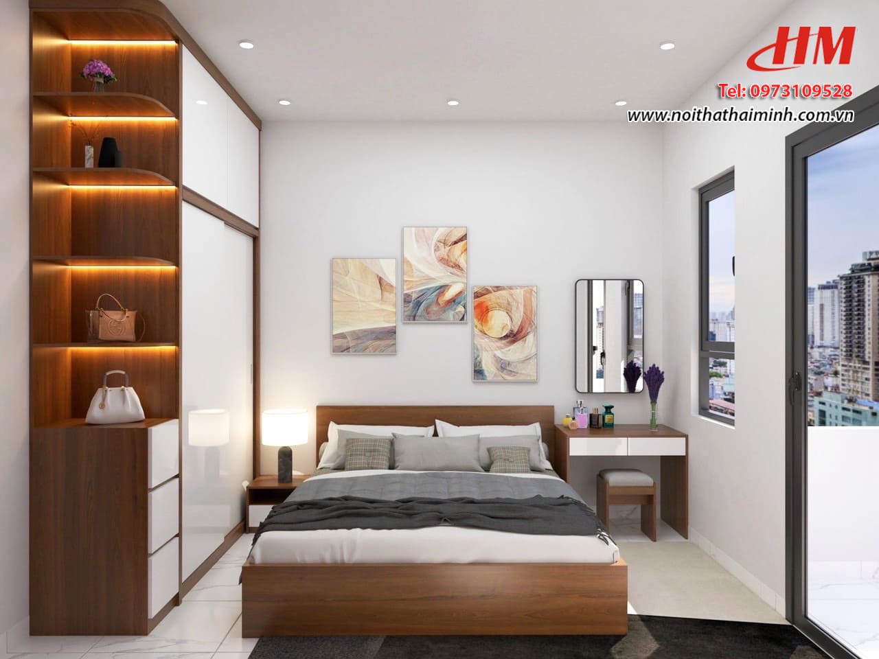 Mẫu nội thất phòng ngủ nhựa cao cấp màu trắng mix vân gỗ - PN152