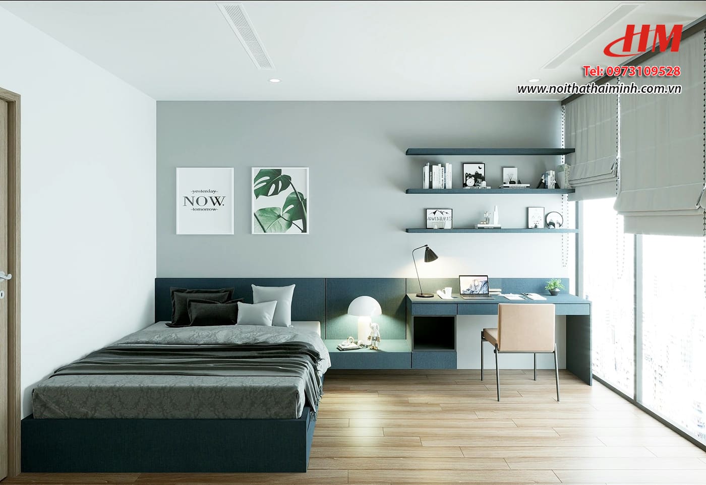 Mẫu nội thất phòng ngủ nhựa cao cấp hiện đại màu xanh dịu nhẹ - PN161