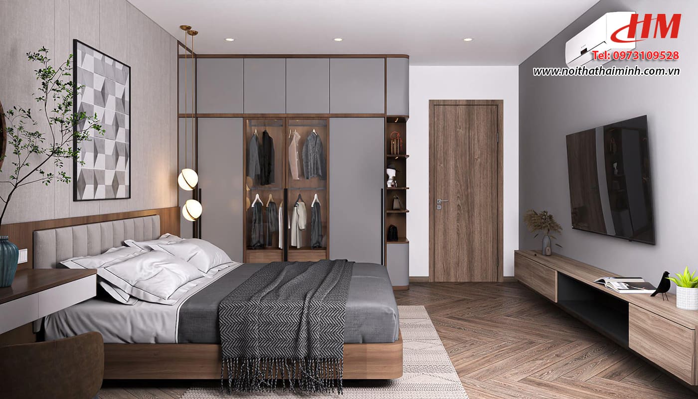Mẫu nội thất phòng ngủ nhựa cao cấp màu xám mix vân gỗ siêu sang - PN174