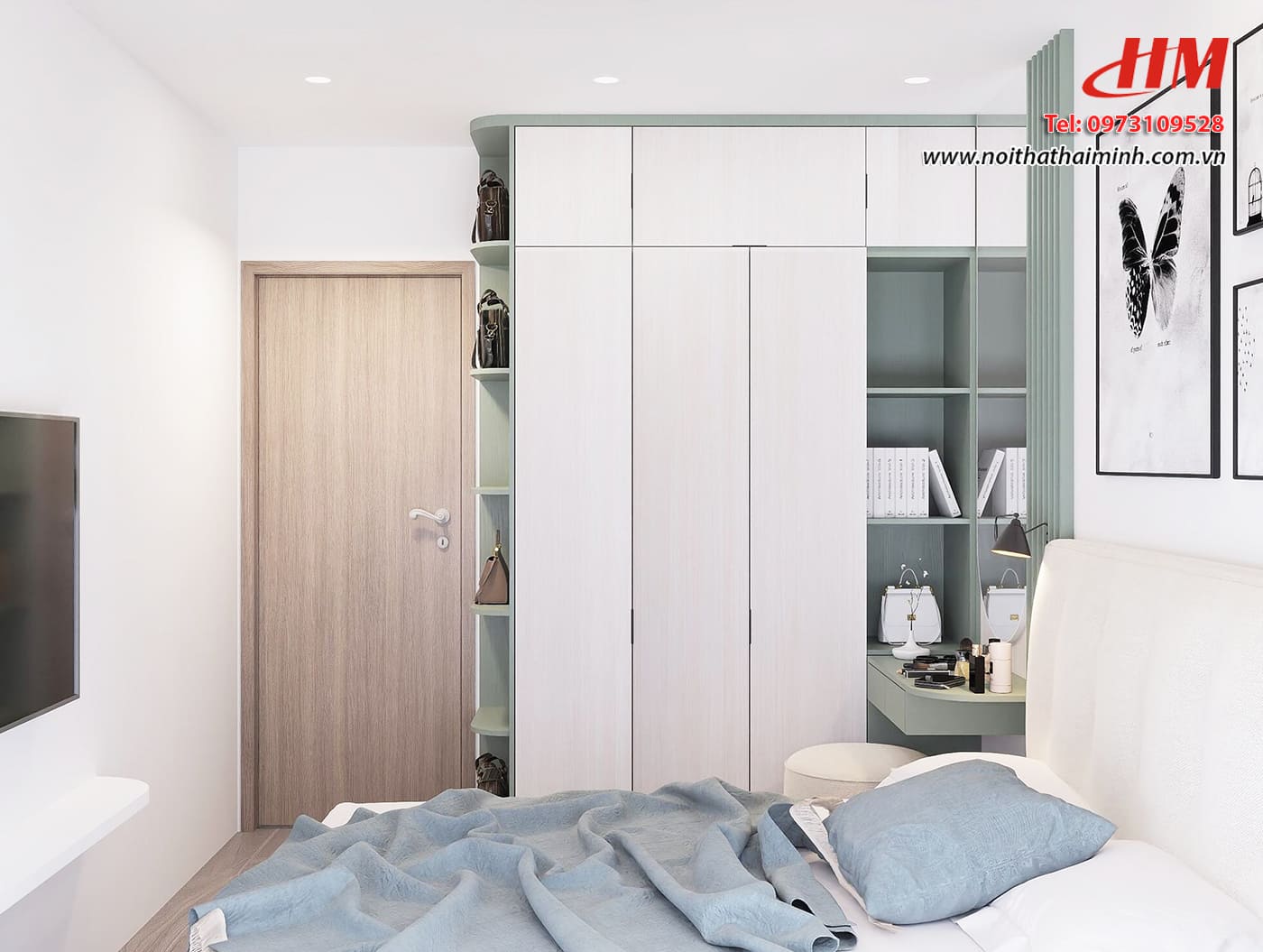 Mẫu nội thất phòng ngủ nhựa cao cấp màu trắng mix xanh lá cây - PN199 Mẫu nội thất phòng ngủ nhựa cao cấp màu trắng mix xanh lá cây - PN199