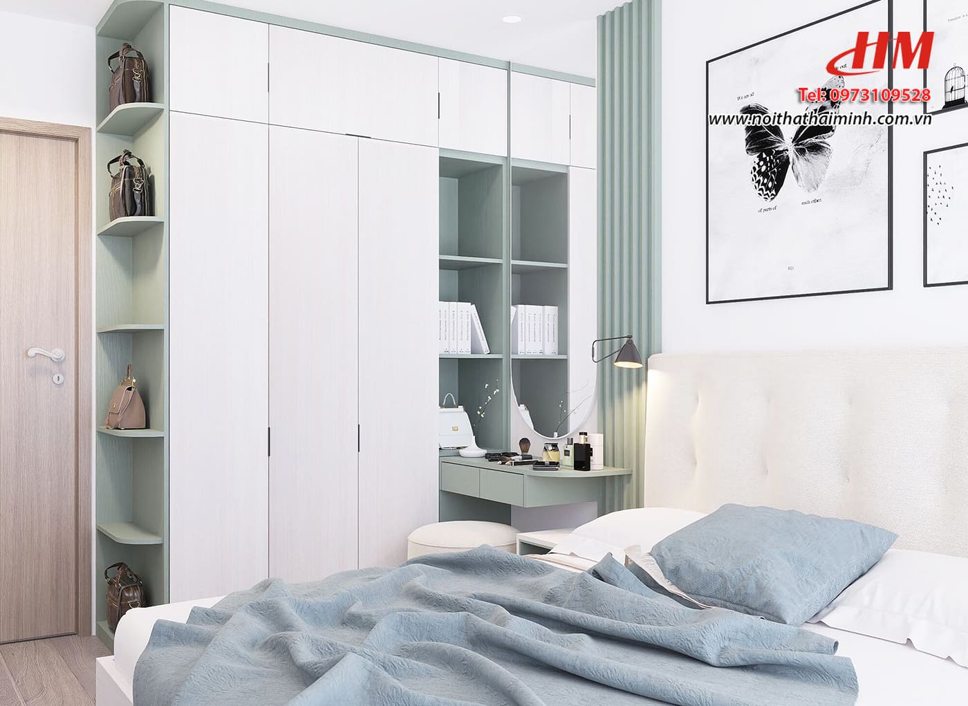 Mẫu nội thất phòng ngủ nhựa cao cấp màu trắng mix xanh lá cây - PN199 Mẫu nội thất phòng ngủ nhựa cao cấp màu trắng mix xanh lá cây - PN199