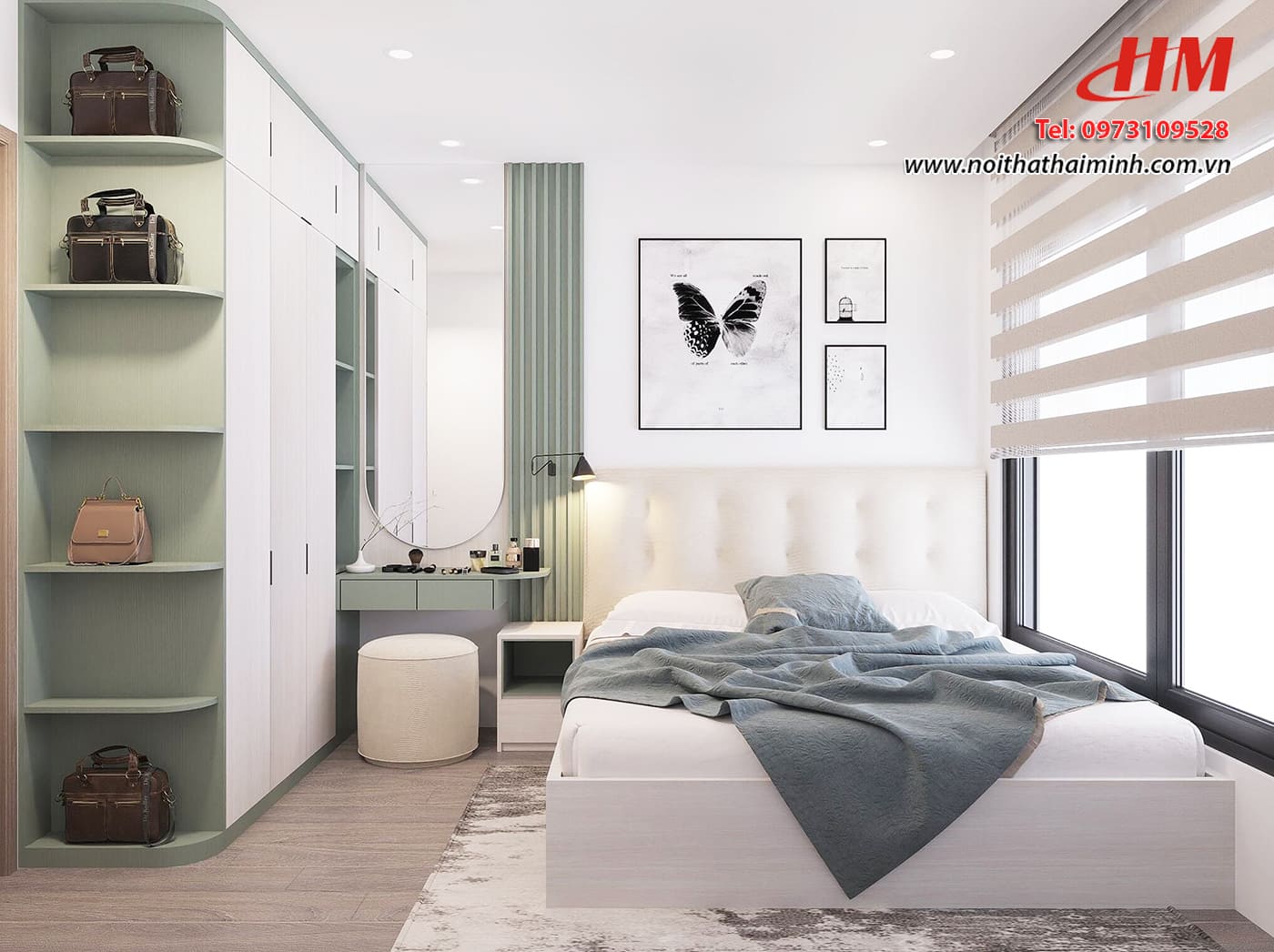 Mẫu nội thất phòng ngủ nhựa cao cấp màu trắng mix xanh lá cây - PN199