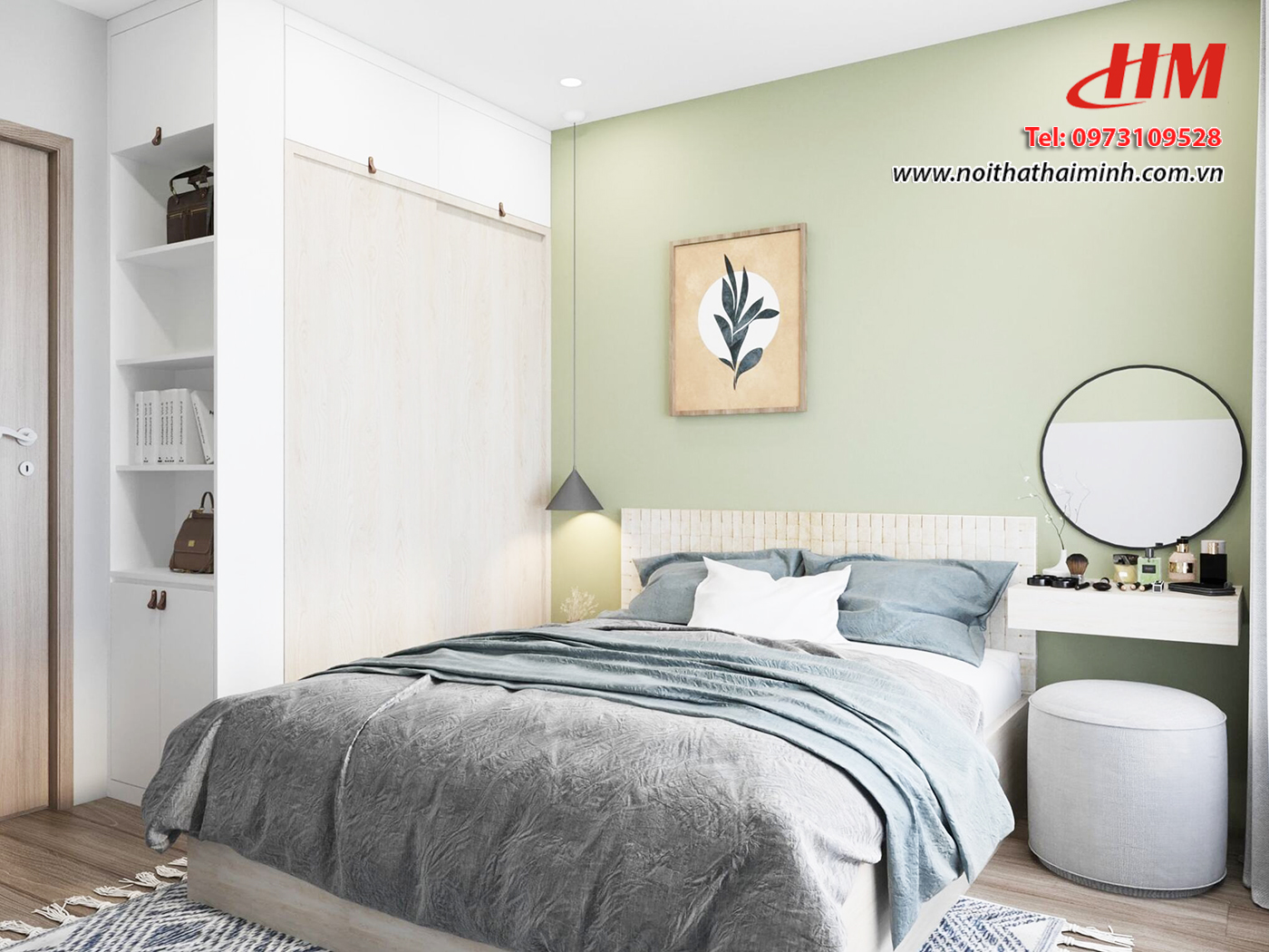 Mẫu nội thất phòng ngủ nhựa cao cấp màu trắng mix xanh lá cây - PN198 Mẫu nội thất phòng ngủ nhựa cao cấp màu trắng mix xanh lá cây - PN198