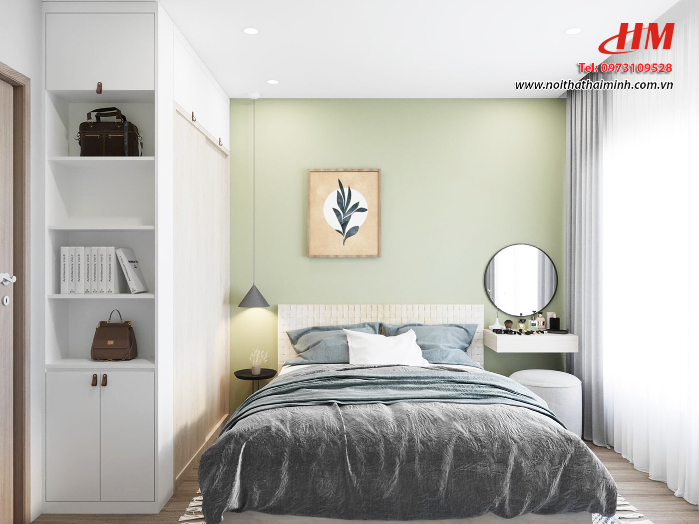 Mẫu nội thất phòng ngủ nhựa cao cấp màu trắng mix xanh lá cây - PN198