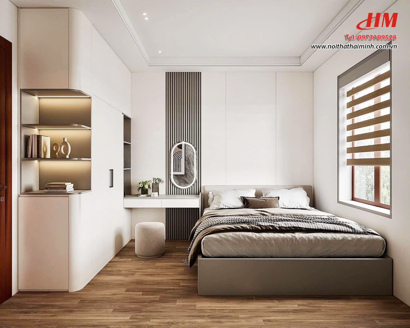 Mẫu nội thất phòng ngủ nhựa cao cấp hiện đại màu trắng xám - PN102