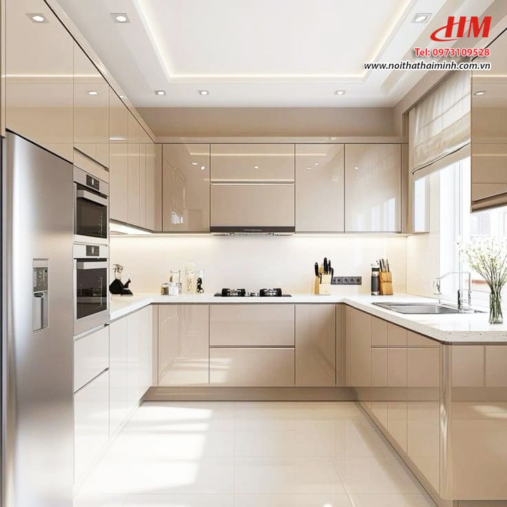 Tủ bếp nhựa cao cấp chữ U thiết kế siêu sang - TB246