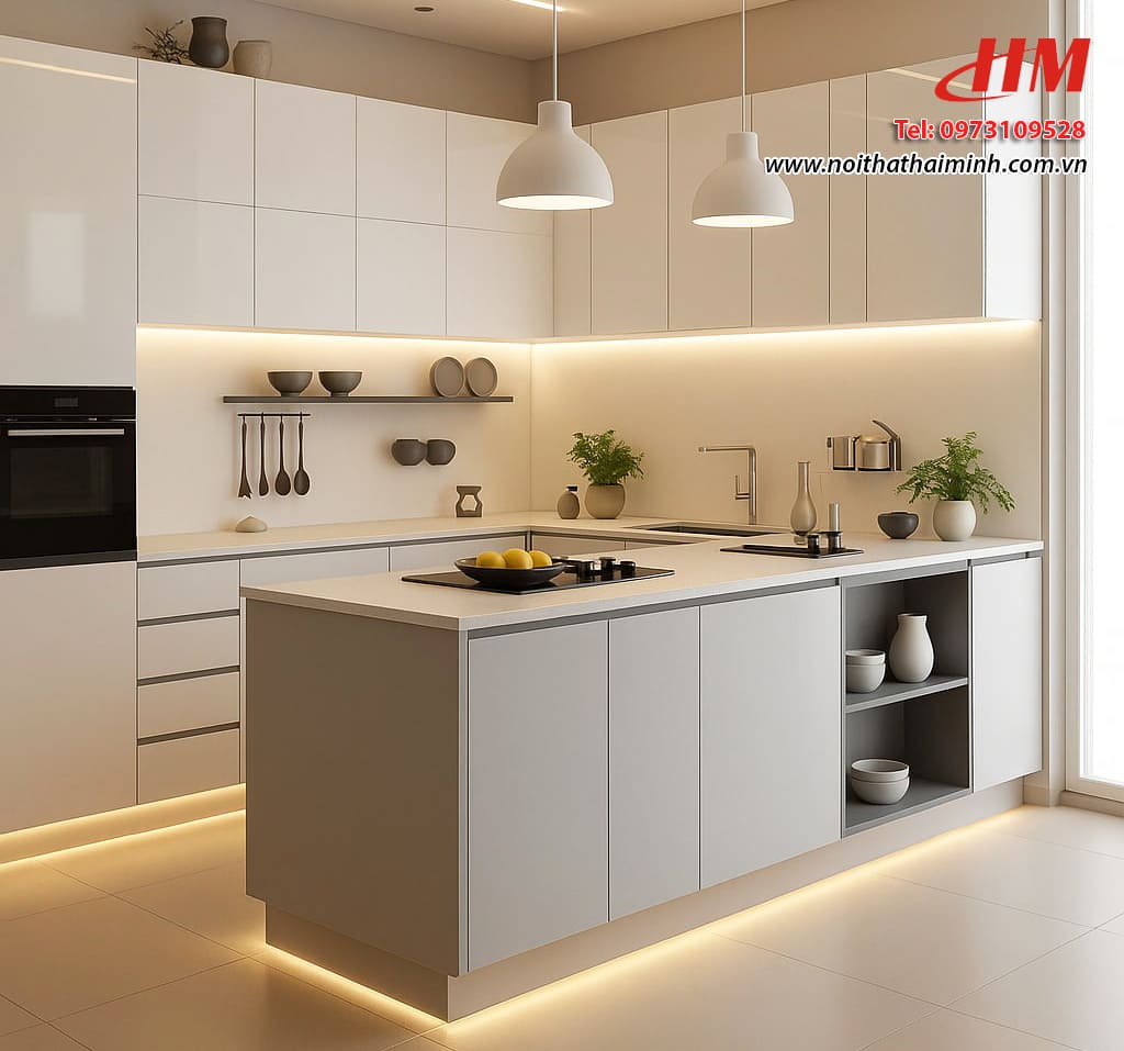 Tủ bếp nhựa cao cấp có bàn đảo bếp siêu sang - TB248