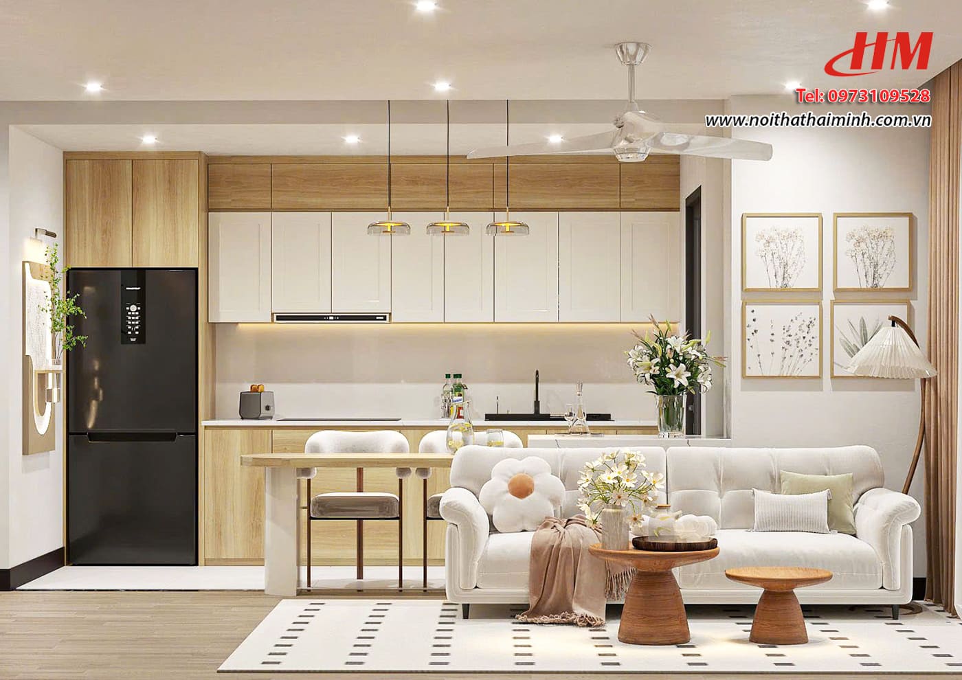 Tủ bếp nhựa cao cấp chữ I màu trắng mix vân gỗ siêu sang - TB253