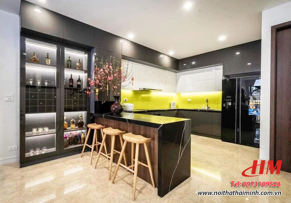 Tủ bếp nhựa cao cấp có bàn đảo bếp liền kề tủ rượu - TB221