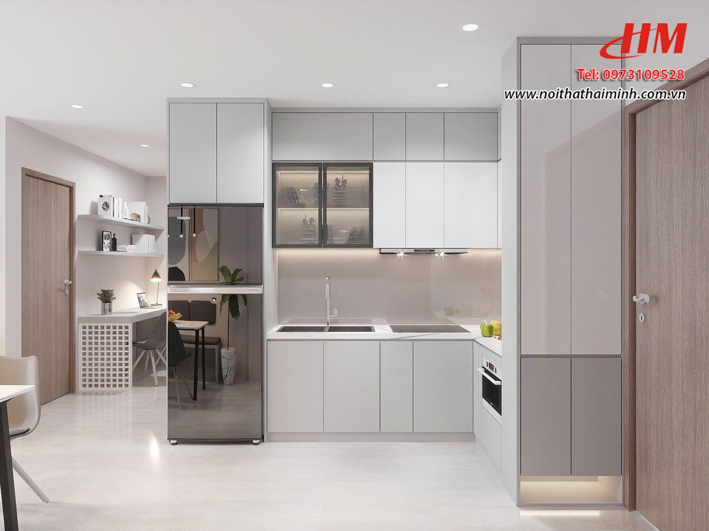 Tủ bếp nhựa cao cấp chữ L thiết kế siêu sang - TB226