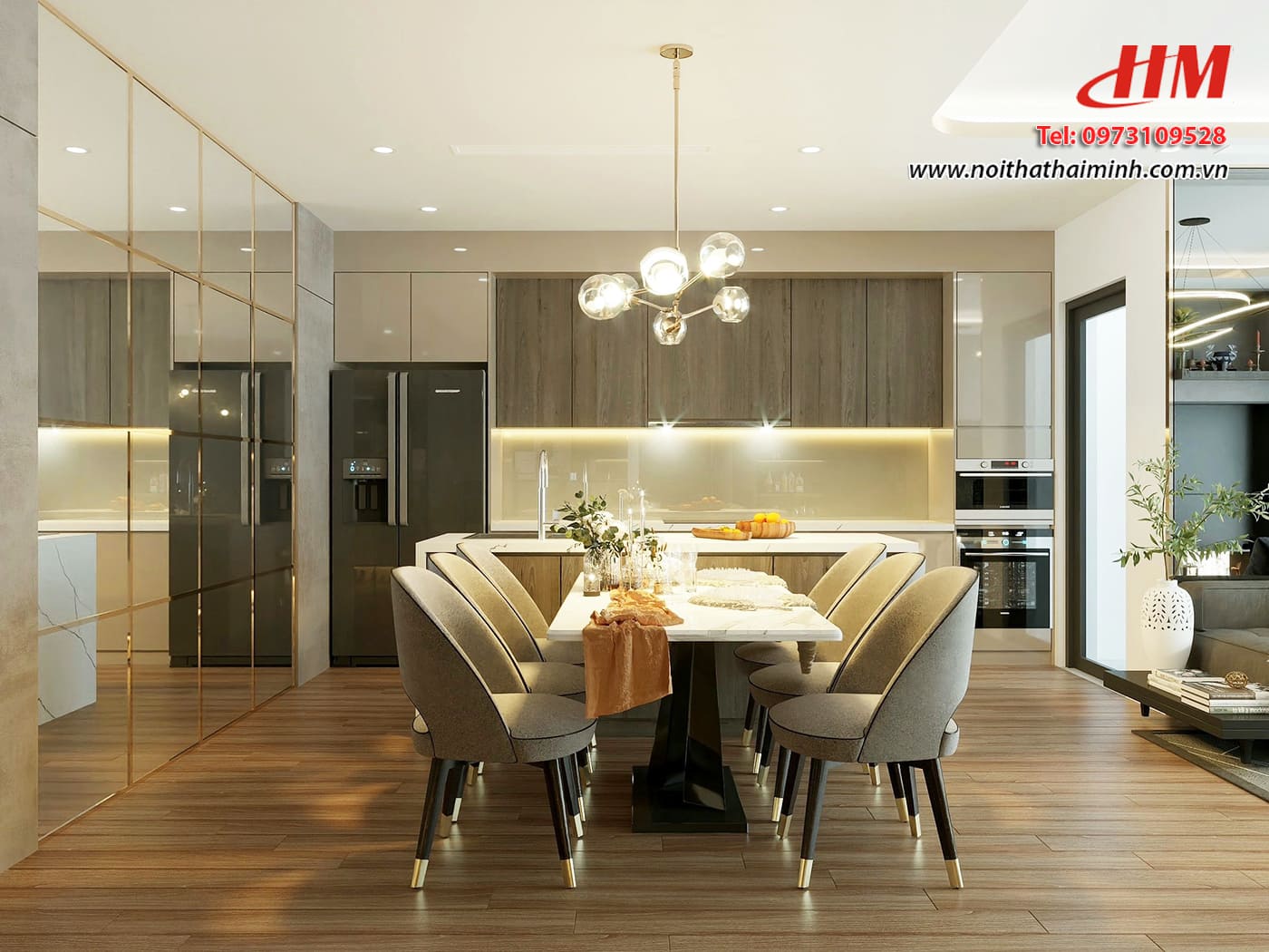 Tủ bếp nhựa cao cấp hiện đại liền kề phòng khách siêu sang - TB232