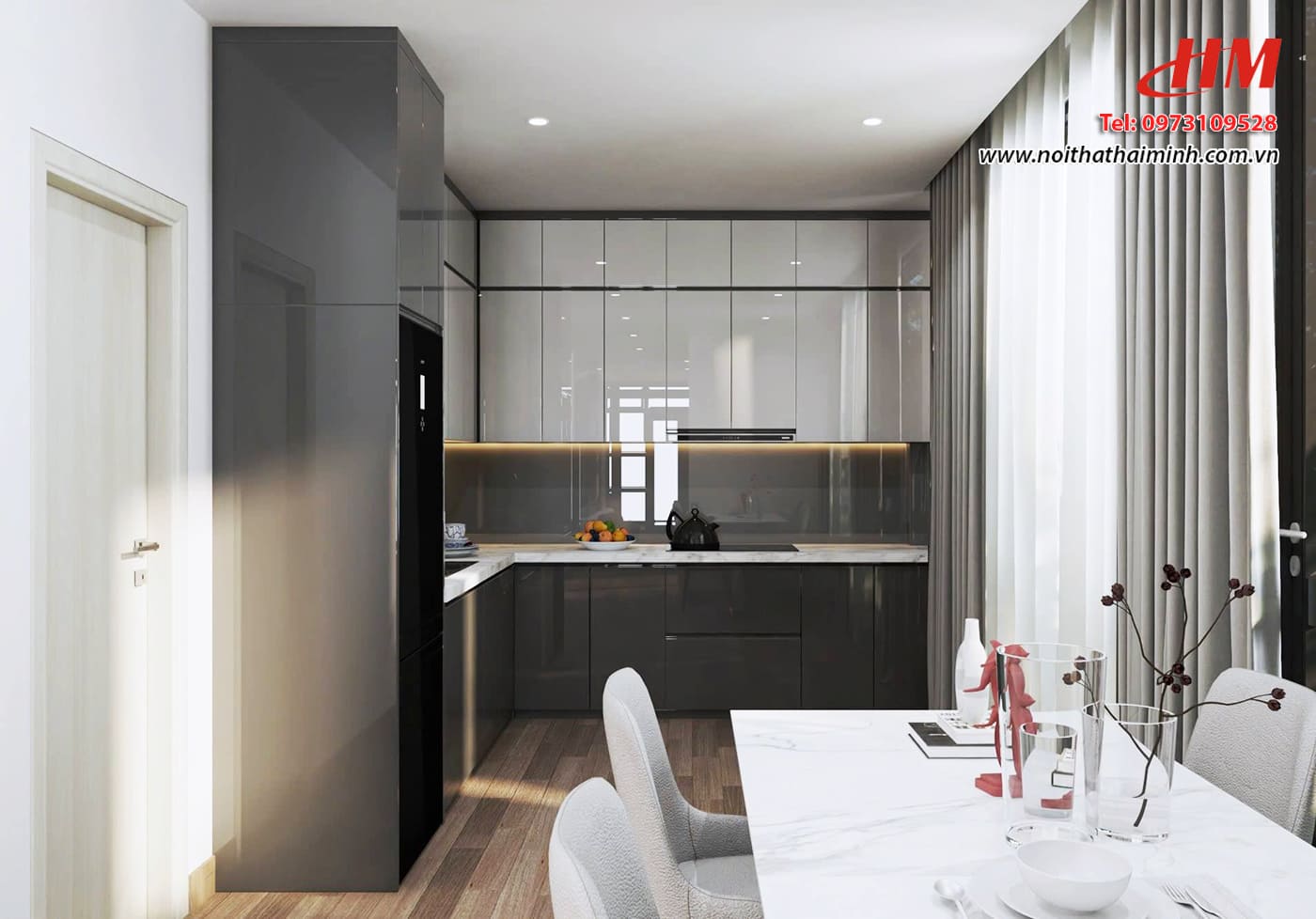 Tủ bếp nhựa Acrylic cao cấp chữ L siêu sang - TB224