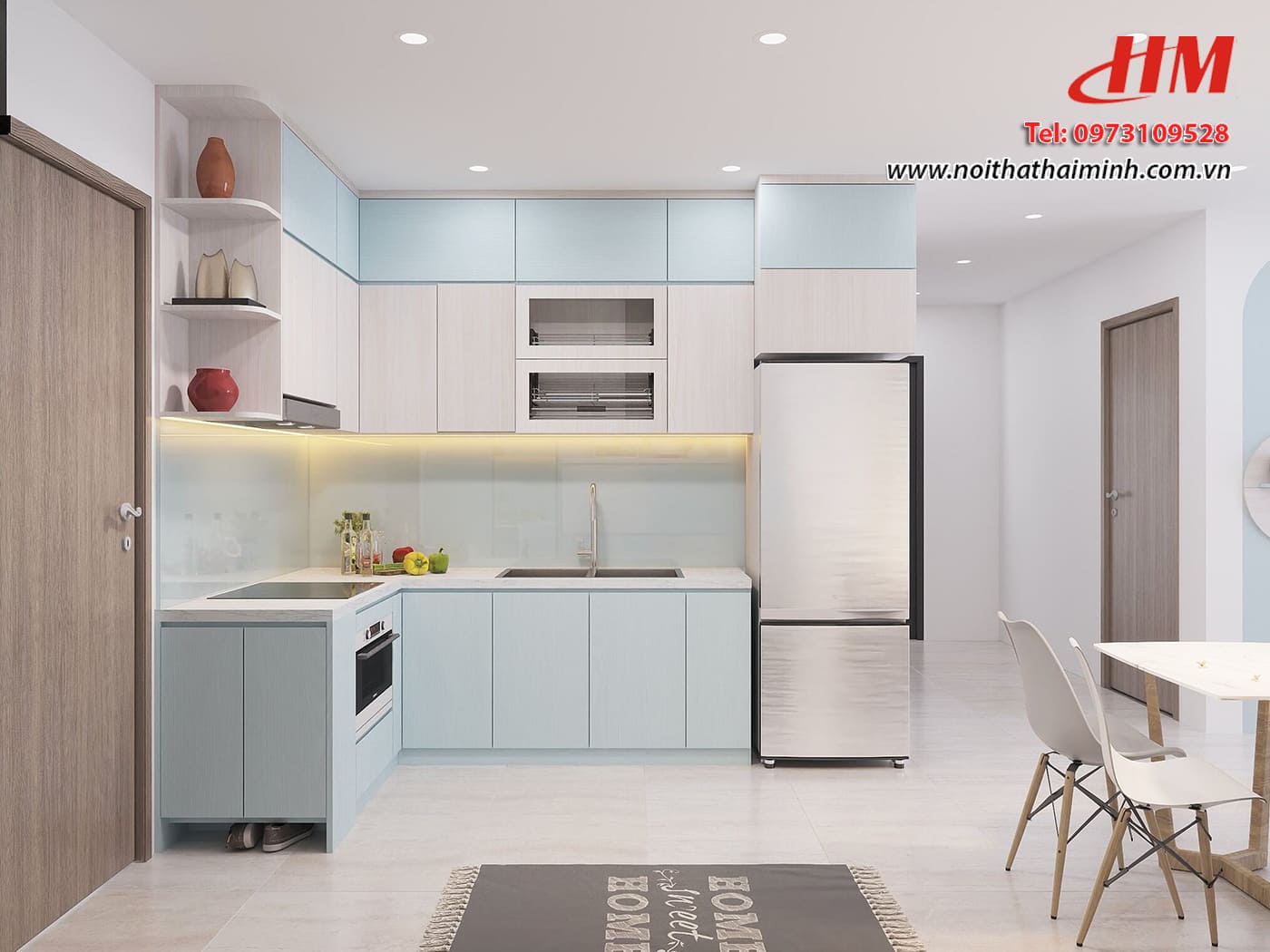 Tủ bếp nhựa cao cấp chữ L màu trắng mix xanh nhạt - TB240